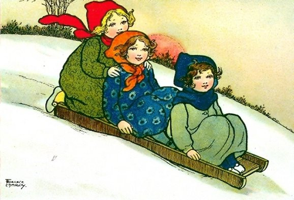 Viktorianische Postkarte, Drei fröhliche Mädchen