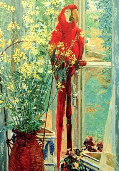 Heinrich Vogeler, Blumenstilleben mit Papagei am Fenster