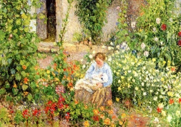 Camille Pissarro, Mutter und Kind in den Blumen